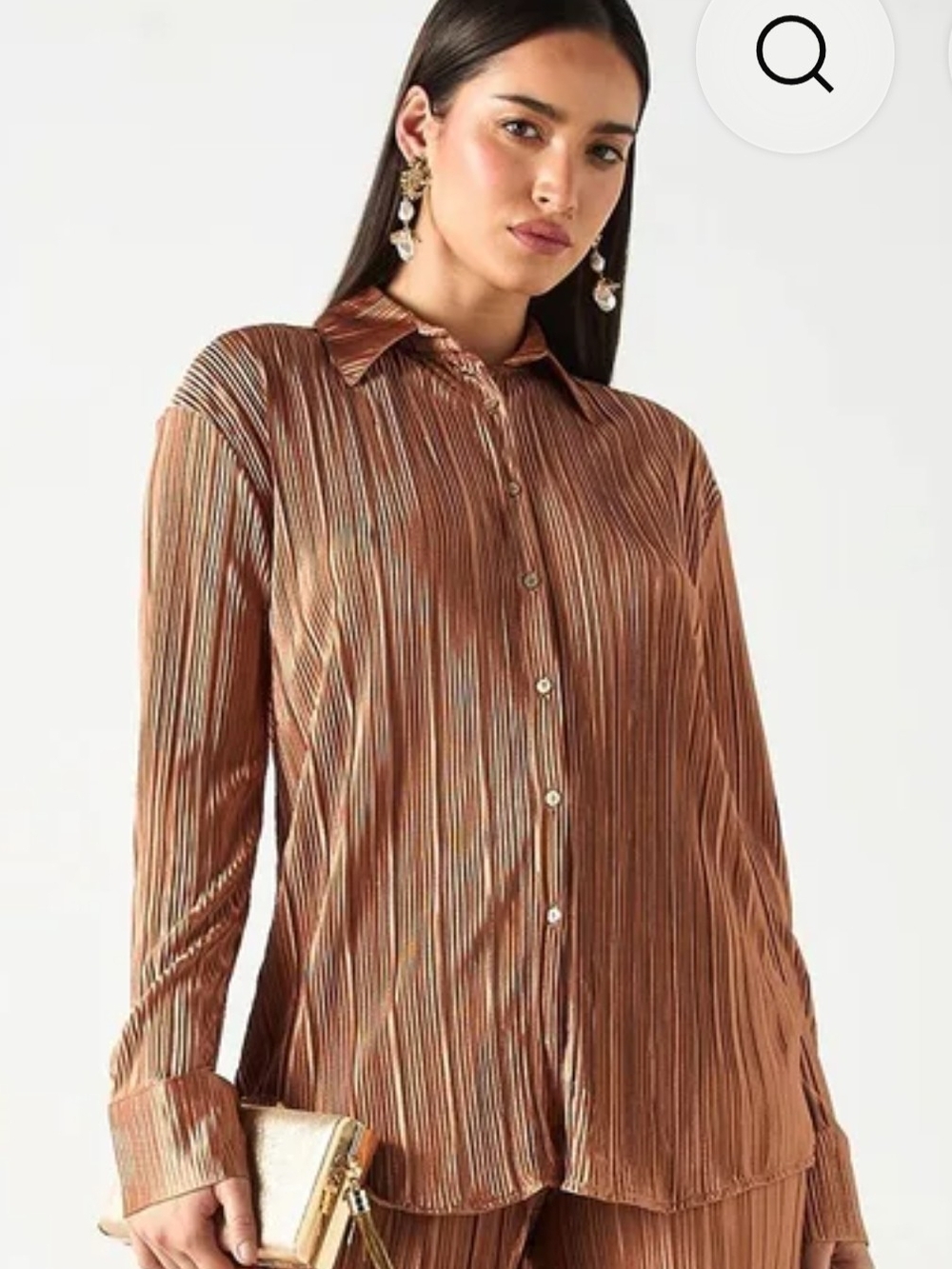 Womens Copper Pleated Button-Front Blouse